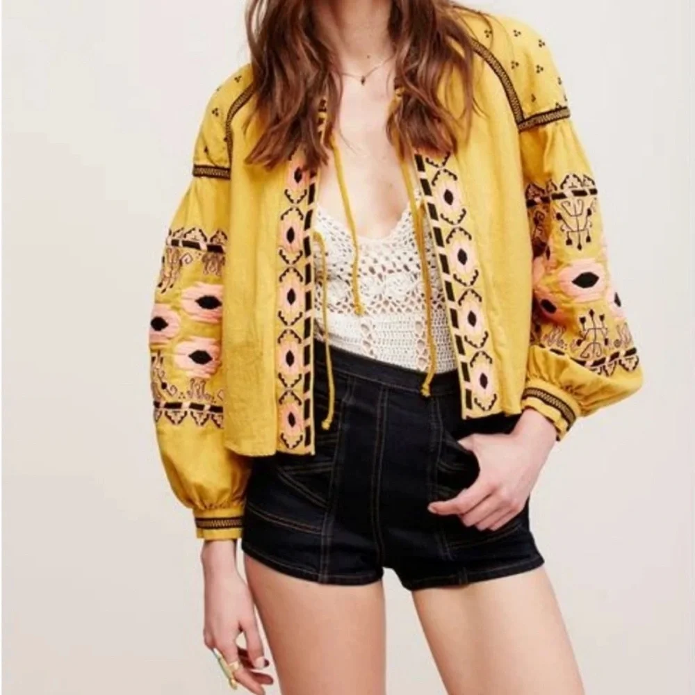 Anthropologie RD + Koko Embroidered Yellow Bohemian Jacket - Picture 3 of 7